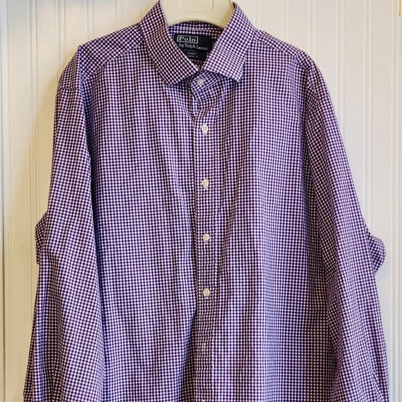 POLO by Ralph Lauren REGENT CLASSIC FIT wide collar long sleeve cotton check shirt, men's size XL cotton blue type Vintage Second Hand